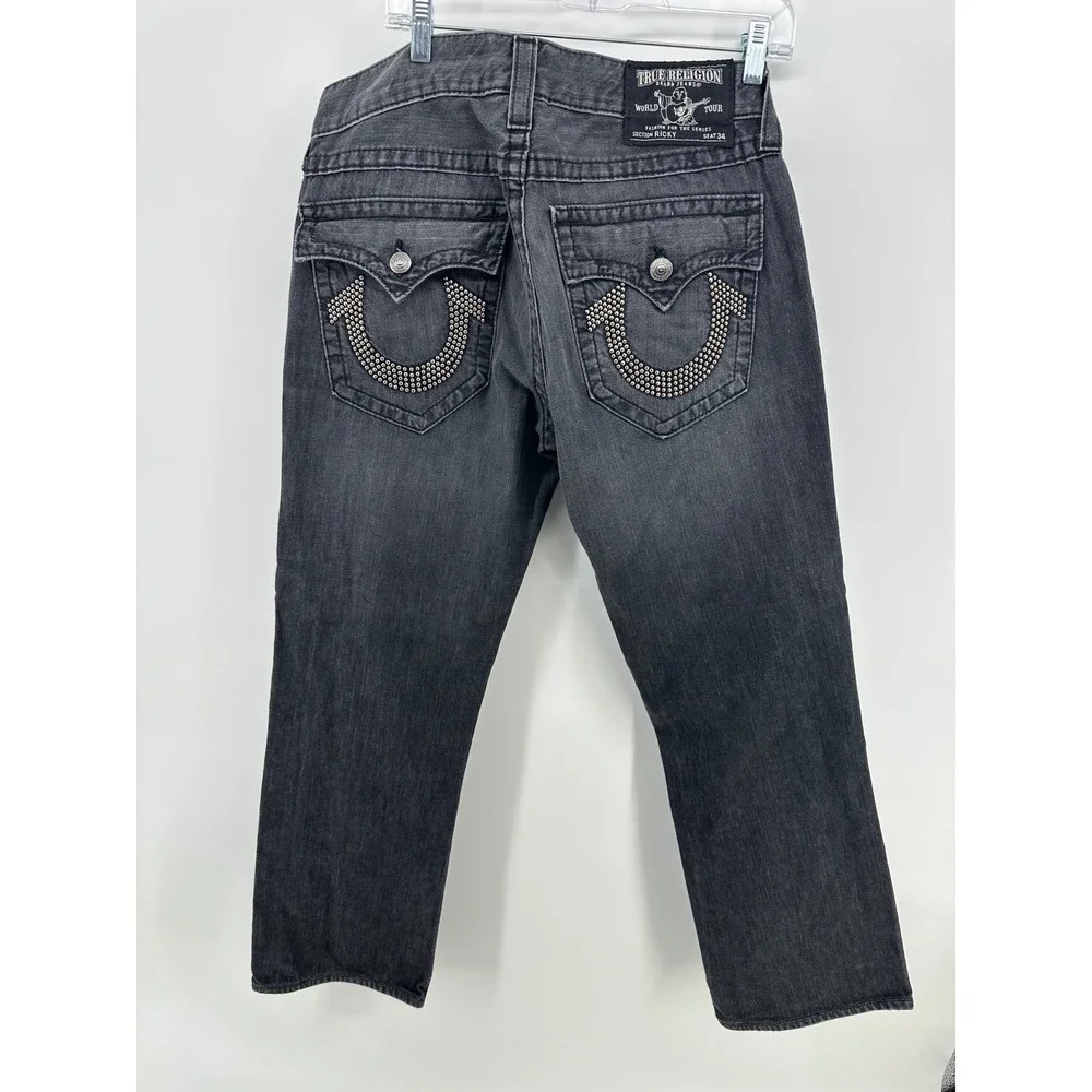 True Religion Ricky Straight Leg Studded Jeans Mens 32 Faded Black MQ6859J02 USA